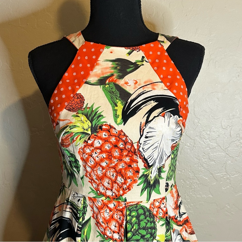Anthropologie Pineapple Dress 4P Halter Cut Out Lined w/pockets Pinup Rockabilly - Picture 6 of 7